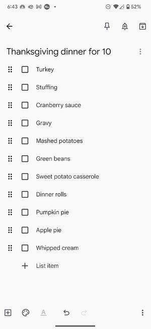 A Magic List created by AI for a Thanksgiving shopping list. | Image credit-PhoneArena - Pixel phones and some Android models get a cool AI list creation tool in the Google Keep app