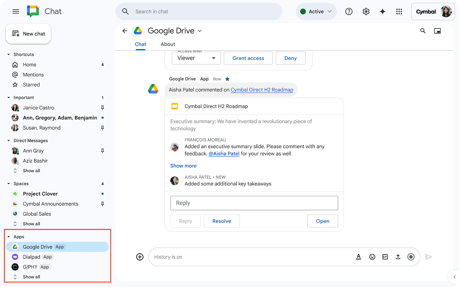 Google Chat dedicated Apps section