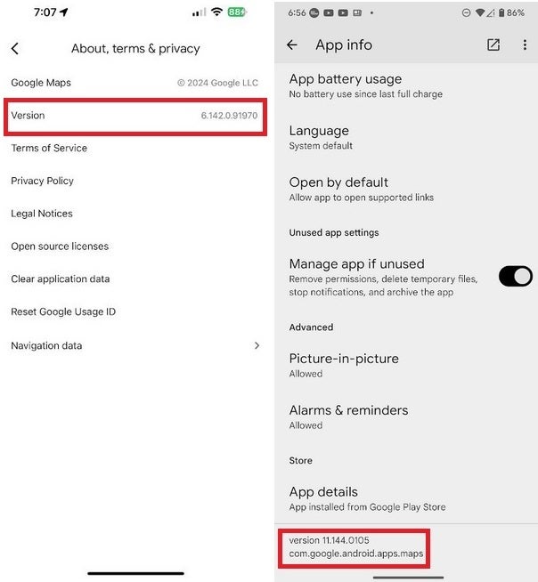 Version number of Google Maps for Android on the left, iOS version number on the right. | Image credit-PhoneArena - Another change is being made to iOS and Android versions of Google Maps