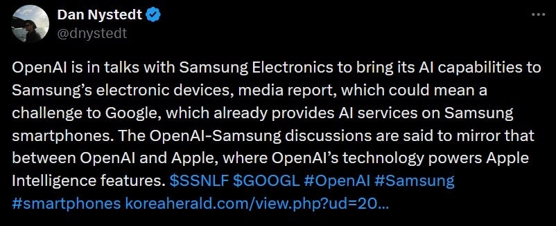 Tweet by tech analyst says Samsung is in talks with OpenAI.&quot; | Image credit-X - When it comes to AI on phones, Samsung and Apple say two heads are better than one