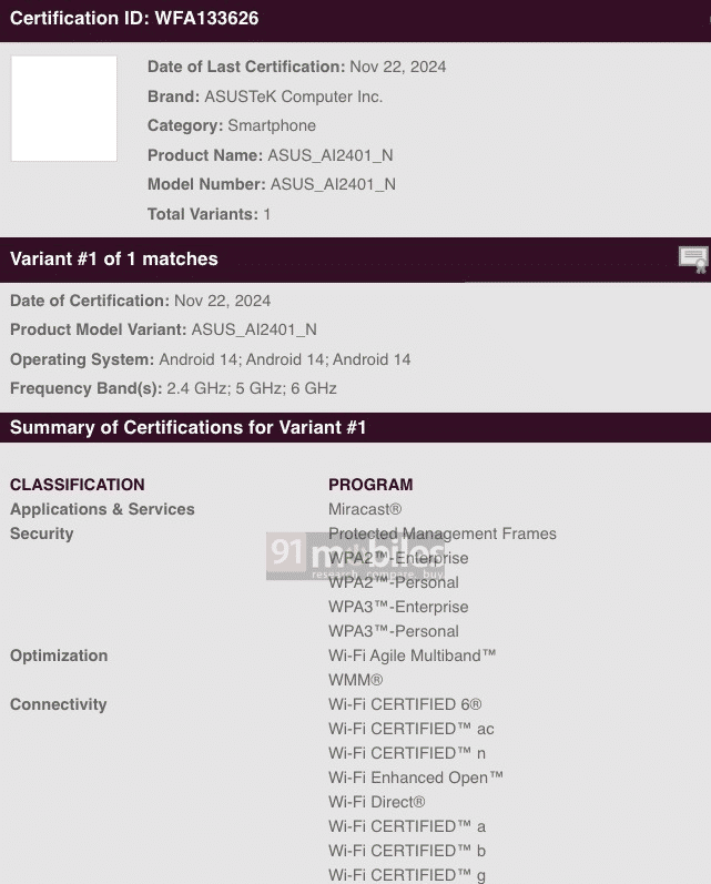 A Wi-Fi Alliance certification document for an ASUS smartphone with the model number ASUS_A12401_N..