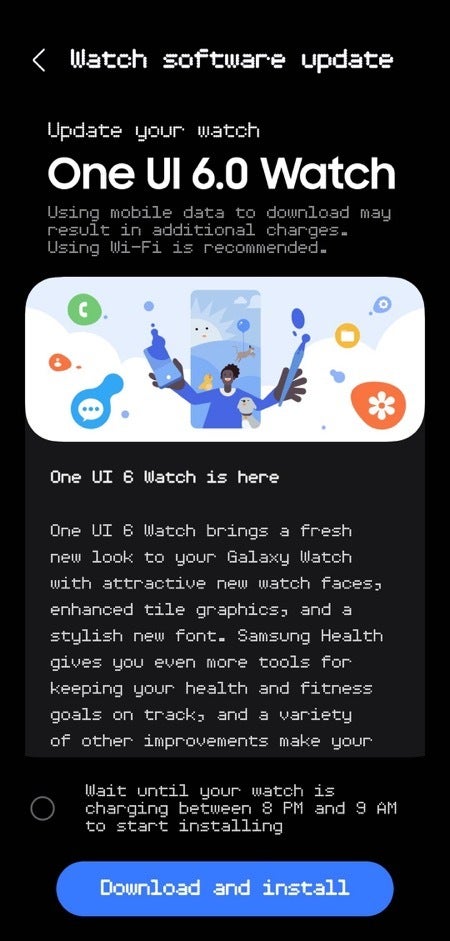 Screenshot of the One UI 6 update arriving for a Galaxy Watch