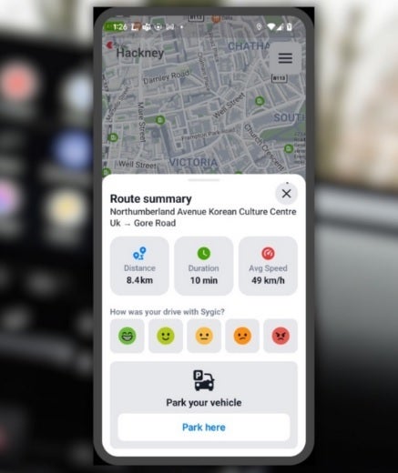 The Sygic GPS app delivers a trip summary after you&amp;#039;ve arrived at your destination.