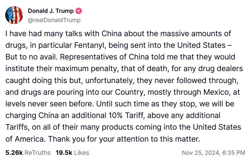 President-elect Trump announces an additional 10% hike on tariffs imposed on products imported to the U.S. from China. | Image credit-Truth Social - Get ready to pay more for your next iPhone as Trump announces plan to hike tariffs on China