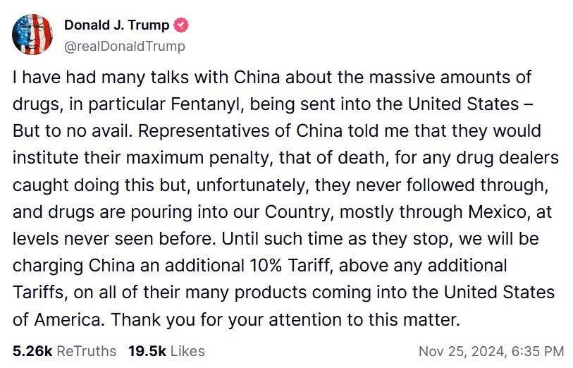 Truth Social post from President-elect Donald Trump reveals plans to hike tariffs on Chinese imports by 10%.