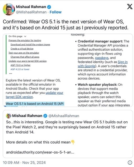 Wear OS 5.1 based on Android 15 is out for Developers with speaker playback and passkey support