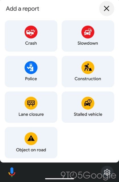 Screenshot of the incident reporting UI in Google Maps