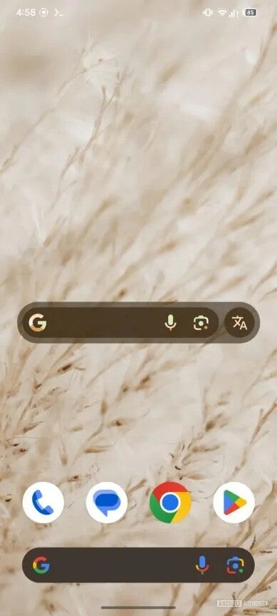 A screenshot of a smartphone's home screen. The screen shows a beige background image with a blurred effect, and several app icons are arranged at the bottom.