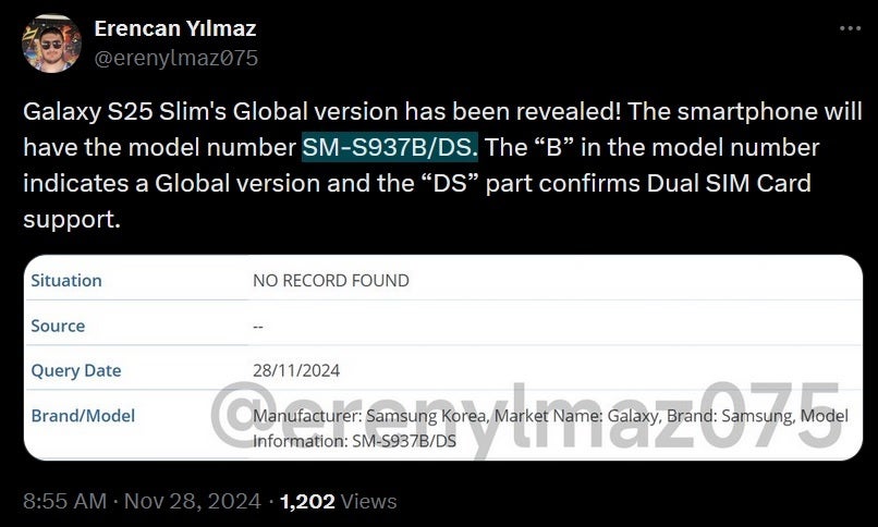 The model number in the GSMA IMEI database indicates that the Galaxy S25 Slim will have an international model. | Image credit-Erencan Yılmaz - Samsung&#039;s svelte Galaxy S25 Slim will be released globally