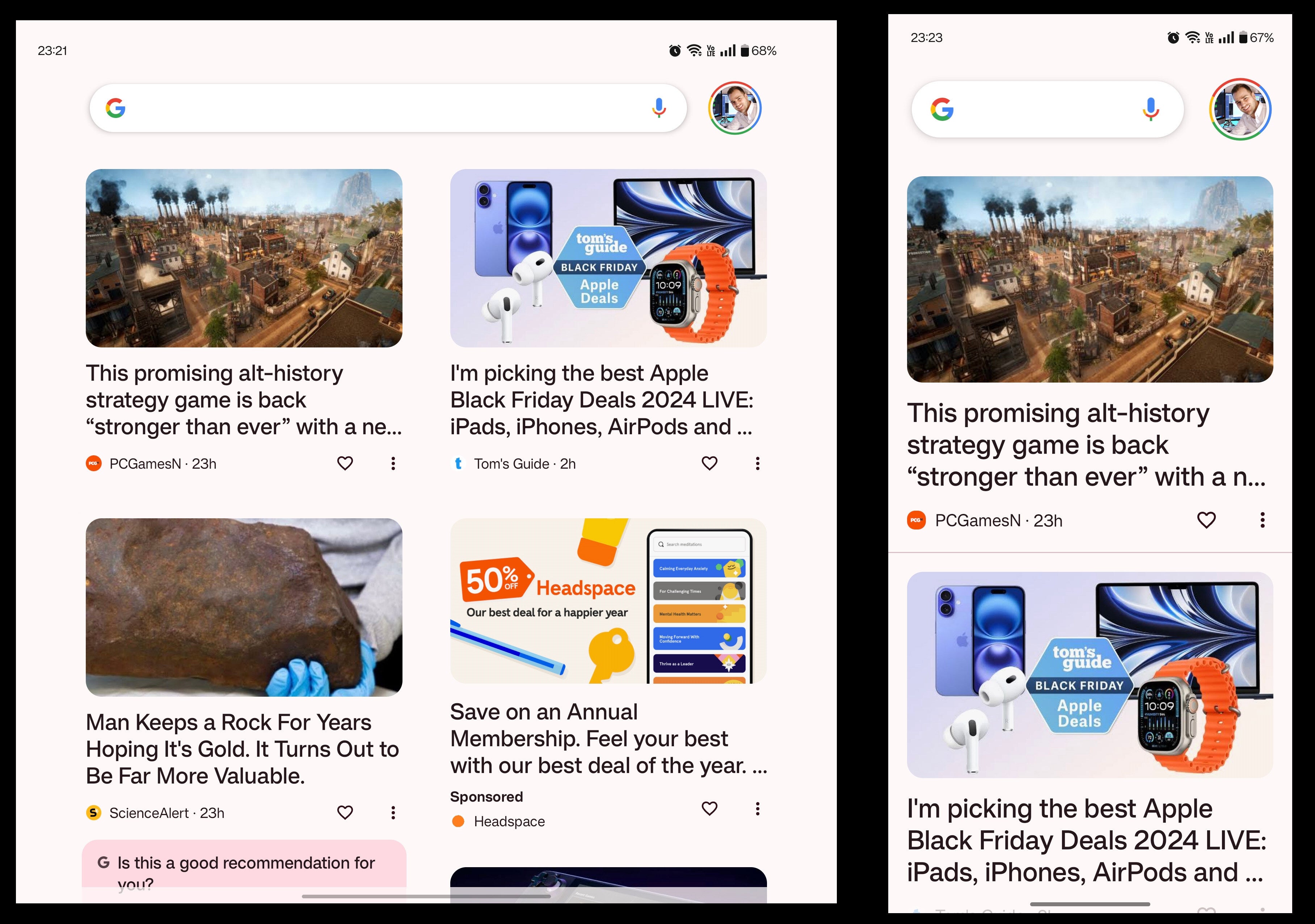 Google Discover on foldable vs normal phone - I never believed in foldables. Now I’m obsessed