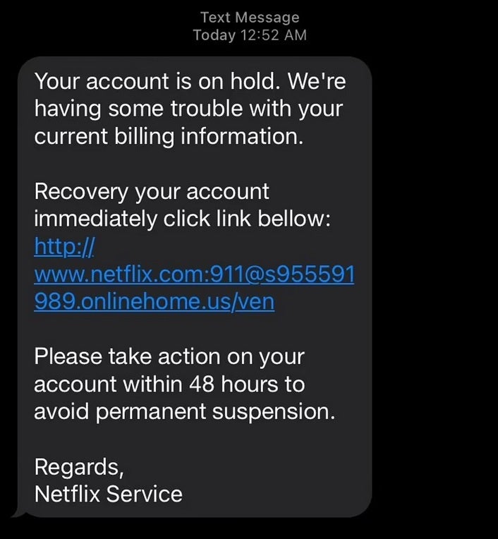 Another example of a targeted phishing attack sent by text to Netflix subscribers.