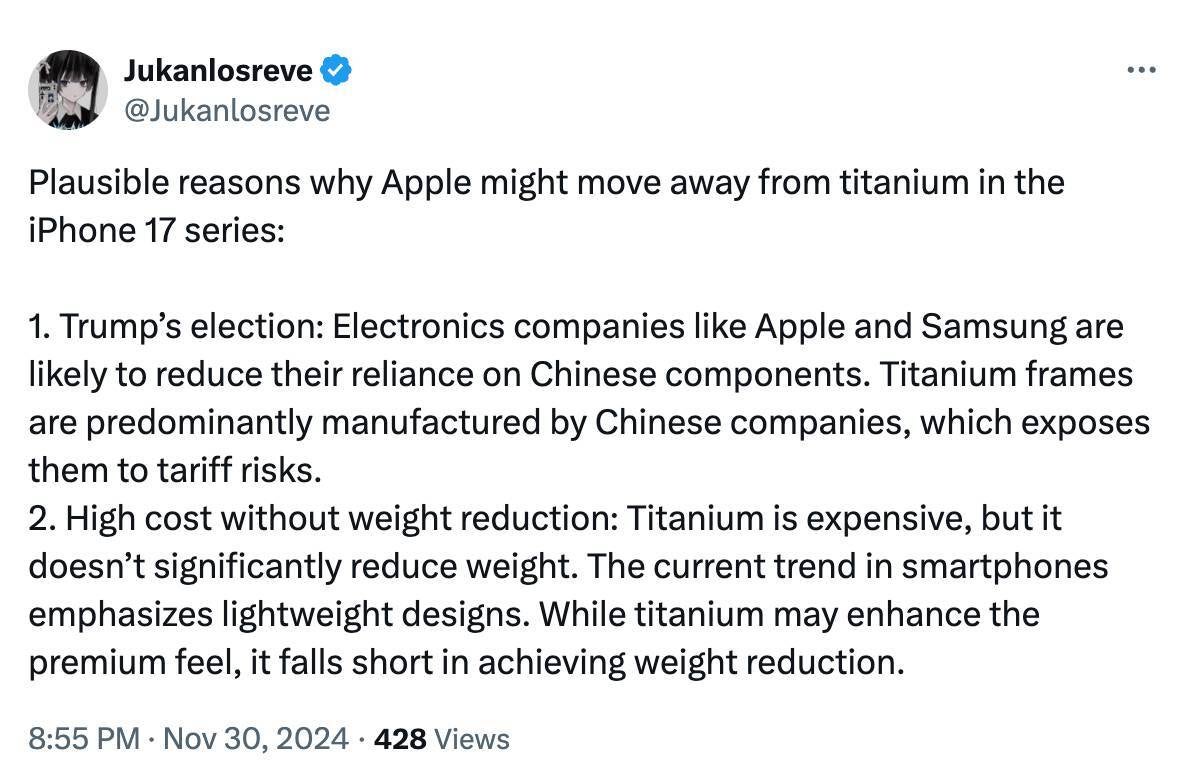 Leaker explains why Apple is ditching titanium. | Image Credit - Jukanlosreve, X - Key iPhone 17 Pro change reportedly influenced by Trump