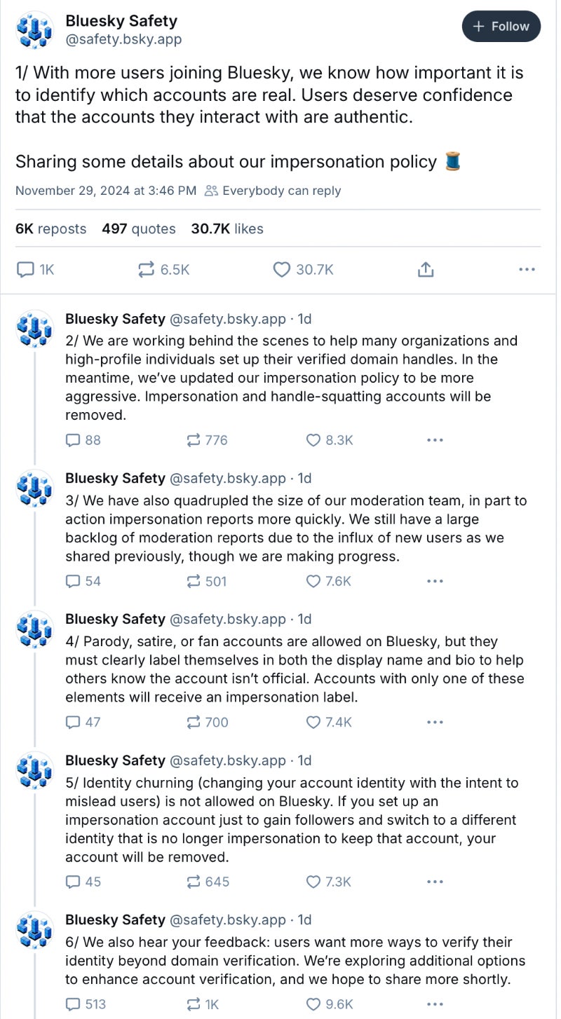 A screenshot of the Bluesky Safety post detailing the new impersonation policy