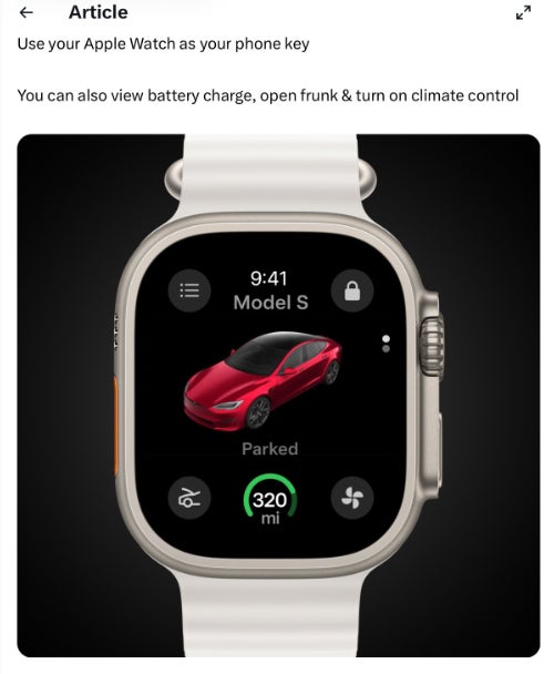 A screenshot from Tesla&amp;#039;s post announcing the Apple Watch app