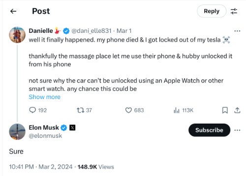 A screenshot from Musk&amp;#039;s response back in march confirming the Apple Watch app