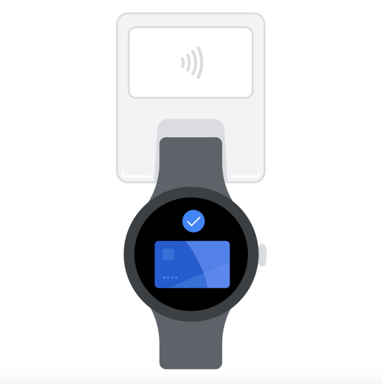 A smartwatch with a black strap is shown tapping against a contactless payment terminal.