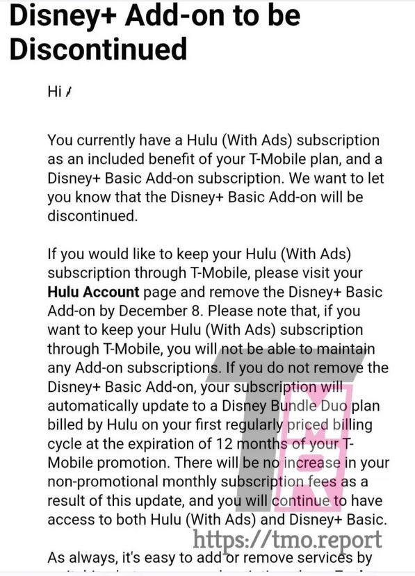 T-Mobile customers are getting warned that they must get rid of their Disney+ add-on or lose their free Hulu perk. | Image credit-The Mobile Report - Internal T-Mobile memo reveals changes coming to one of the carrier's top freebies