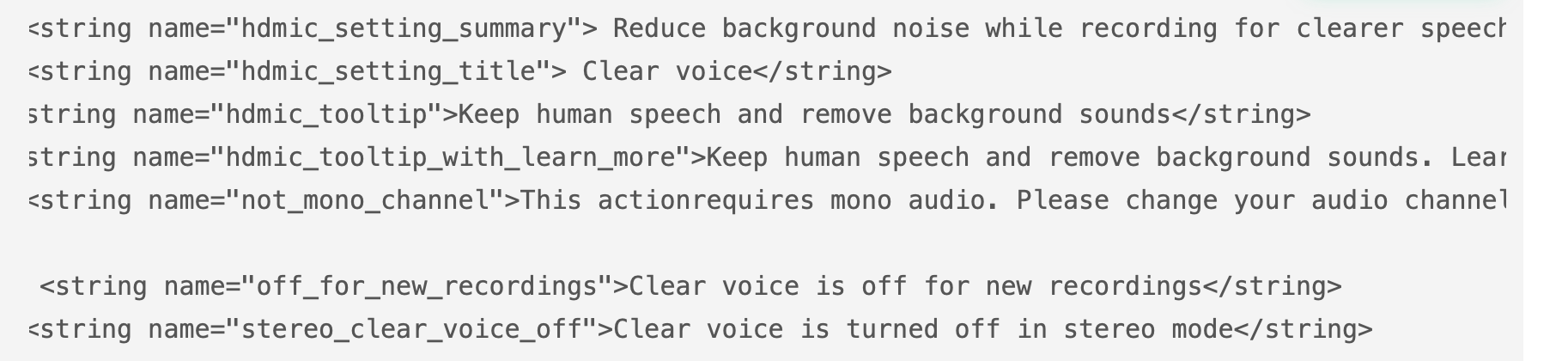 Screenshot of the code found by Android Authority that references Clear Voice.