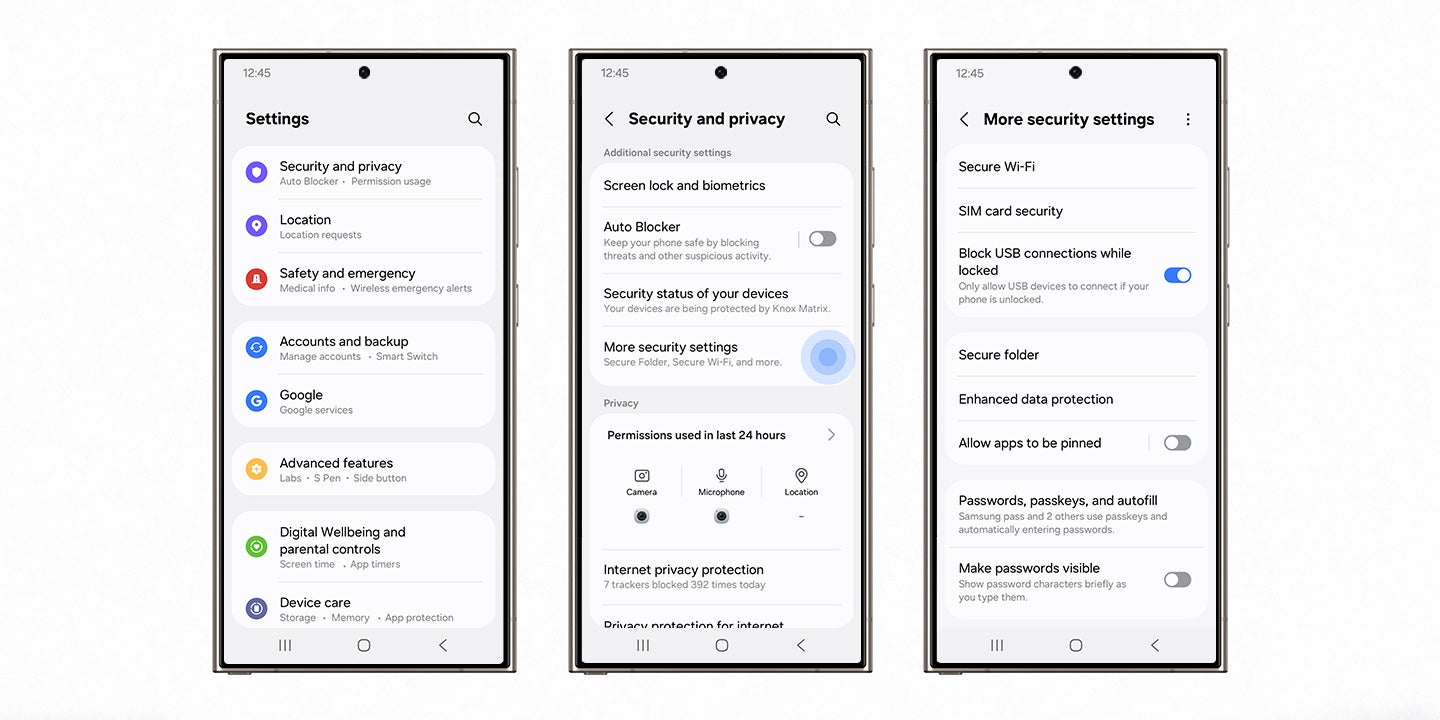 Mais configurações de segurança. | Crédito de imagem - Samsung - Samsung One UI 7 beta público traz proteções de segurança avançadas para telefones Galaxy