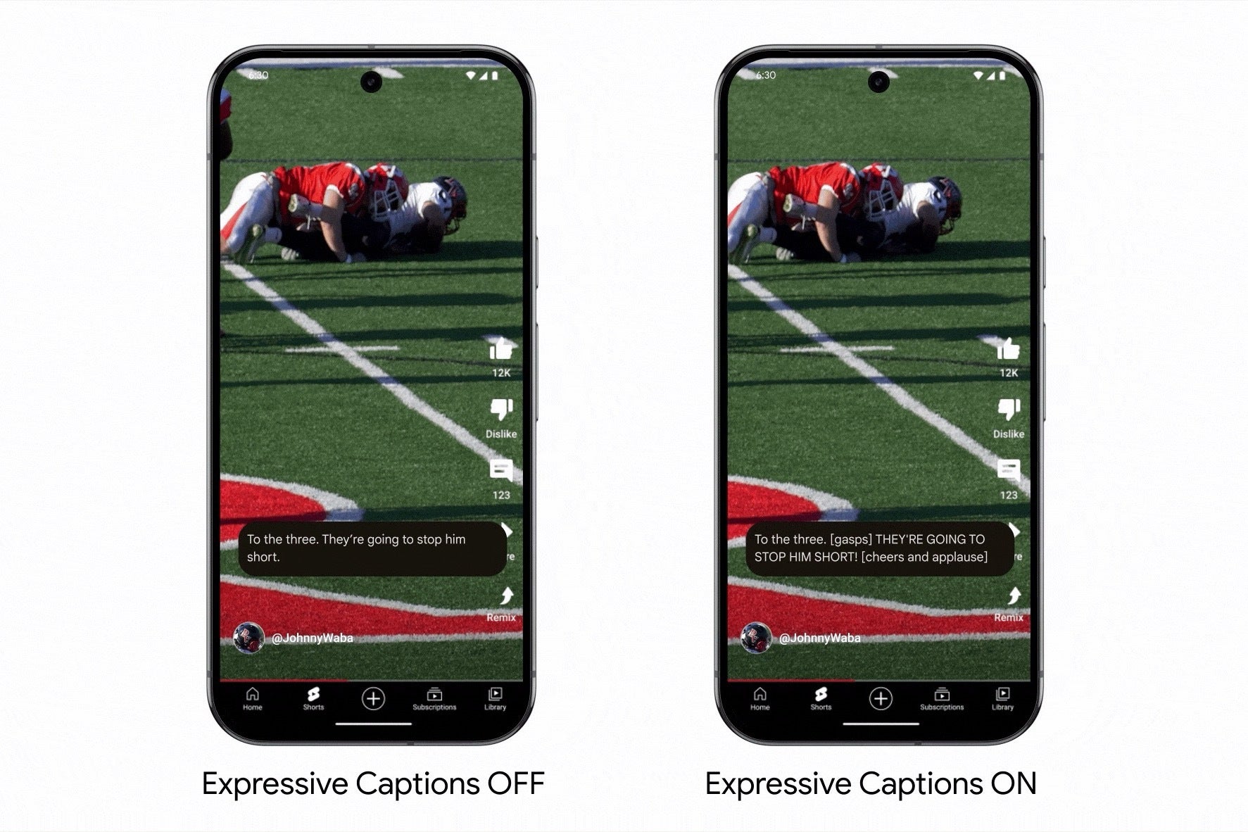 An image of a smartphone displaying a football came with expressive captions turned on and off