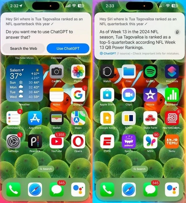 Siri now has ChatGPT integration. | Image credit-PhoneArena - Stable version of iOS 18.2 arrives with Genmoji, Image Playground, AI integration for Siri, more