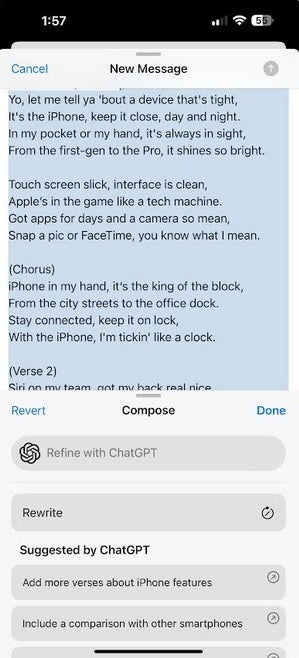 Using ChatGPT to create a letter about the iPhone as a Rap song. | Image credit-PhoneArena - Stable version of iOS 18.2 arrives with Genmoji, Image Playground, AI integration for Siri, more