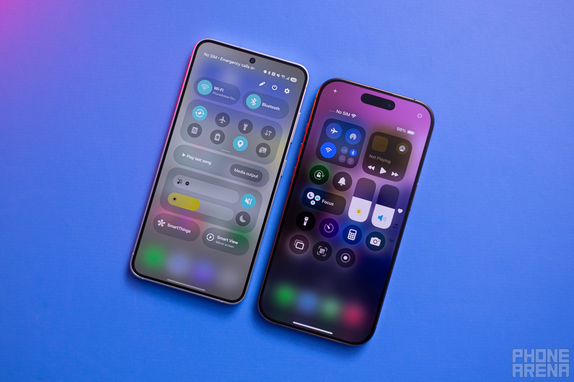 Galaxy S24 with One UI 7 and iPhone 16 Pro with iOS 18 with their respective control panels open