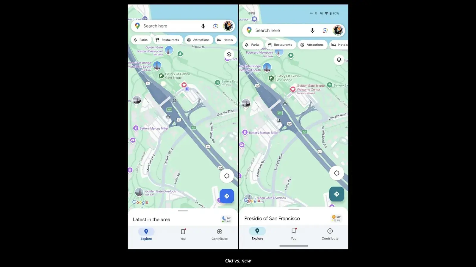 Old vs new colors. | Image Credit - 9to5Google - Google Maps for Android buttons and other UI elements get a new color for a more cohesive look