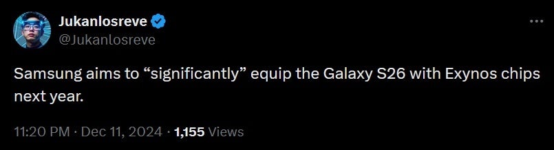 Tweet from @Jukanlosreve about Samsung&amp;#039;s desire for the Exynos 2600 in 2026.