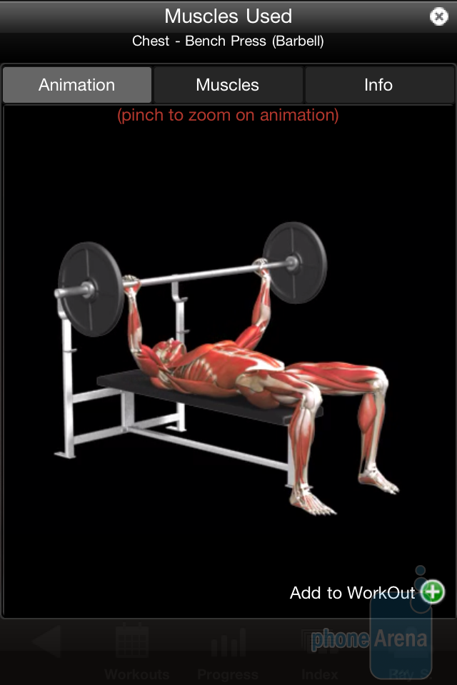 iMuscle relies on 3D models and animation in order to visualize the exercises - iMuscle for iPhone Review