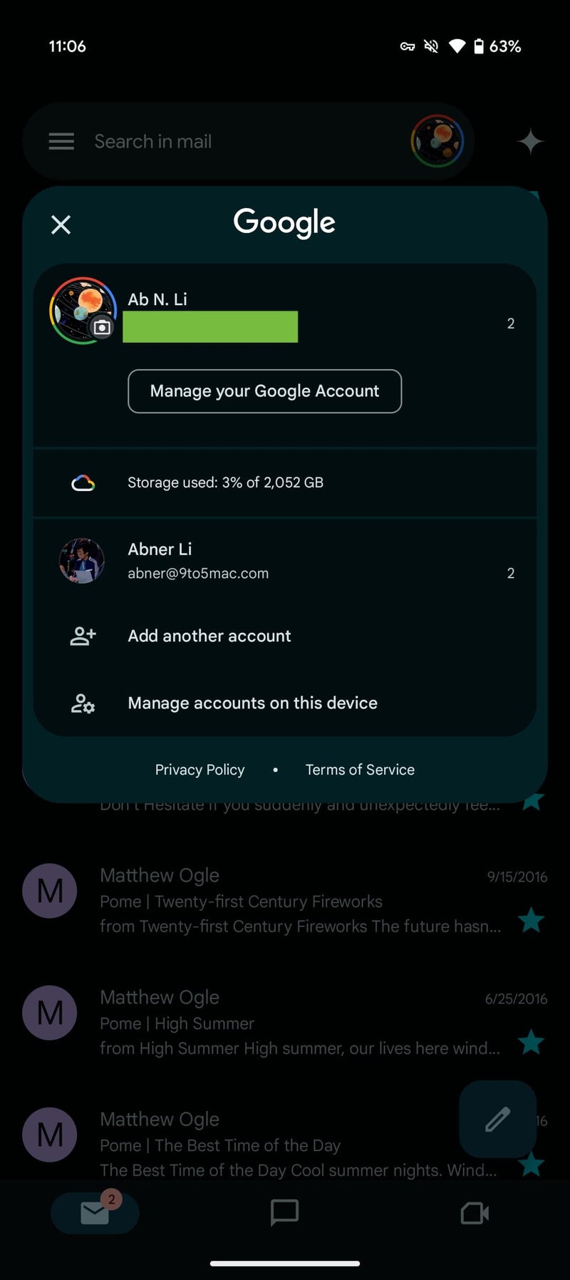 Screenshot of the old Google account switcher