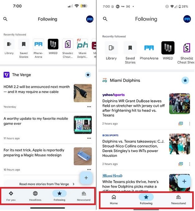 On left, the old UI for the Google News app on iOS. At right, the new UI on Android 15. | Image credit-PhoneArena - Hot off the press! Android version of the Google News app gets a new look