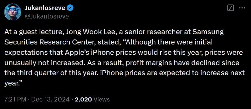 Tweet says Samsung Securities analyst calls for Apple to raise the prices of the 2025 iPhone line. | Image credit-X - Analyst expects higher iPhone 17 pricing and Apple will have a good excuse to do this