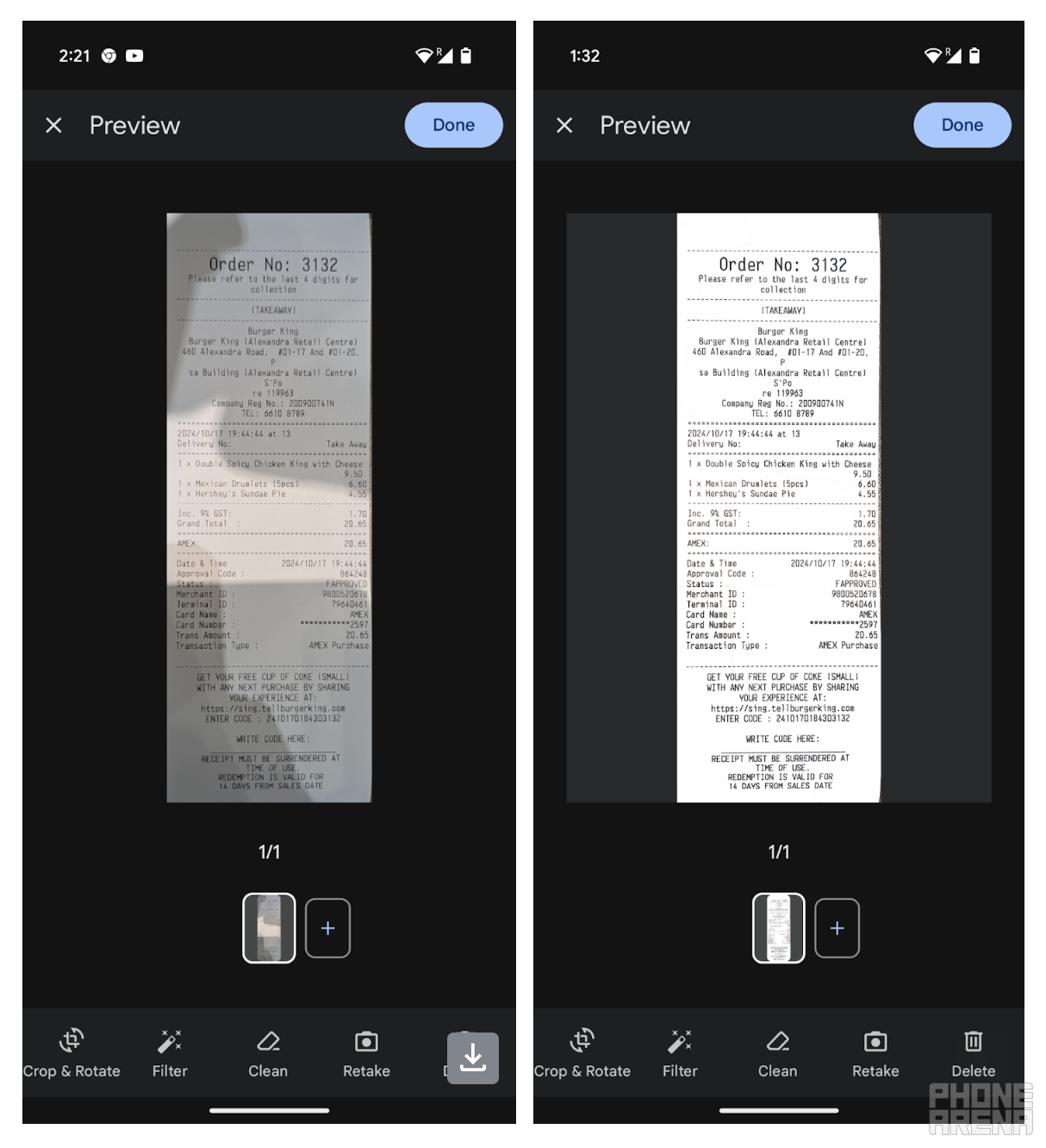 Screenshots from the new update showing how a receipt with bad lighting and colors is transformed in a great scanned document.