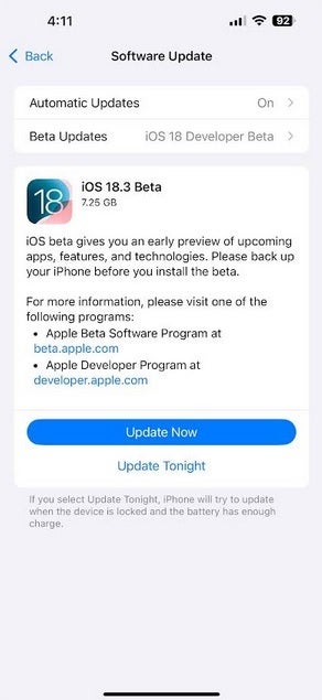 Apple releases iOS 18.3 developer beta 1. | Image credit-PhoneArena - iPhone users can return to the iOS 18 beta program with Apple&#039;s latest update