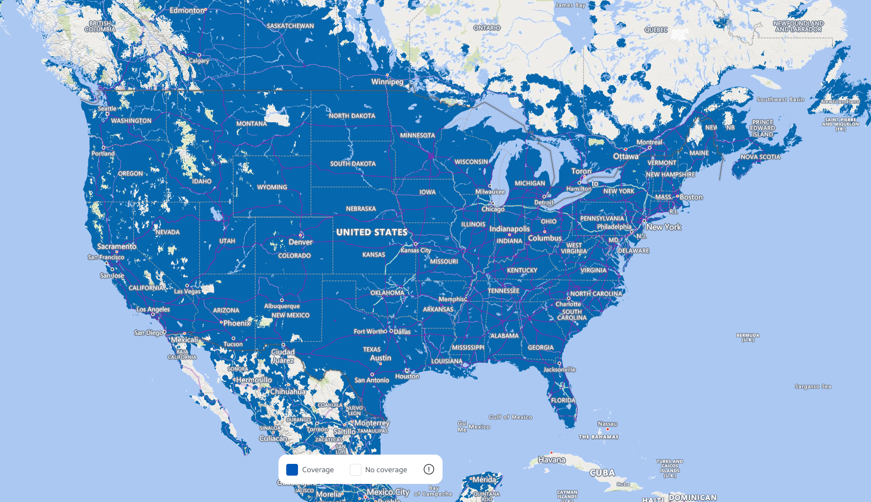 A map of the US showing the coverage of At&amp;amp;T. 