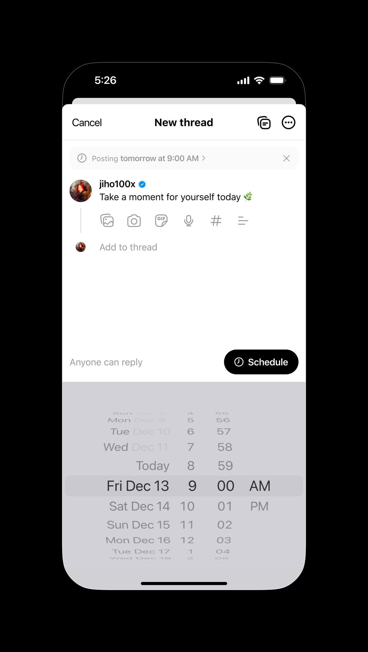 ALT text: A screenshot of a smartphone screen showing the Threads app. The screen displays a &amp;quot;New thread&amp;quot; creation interface.