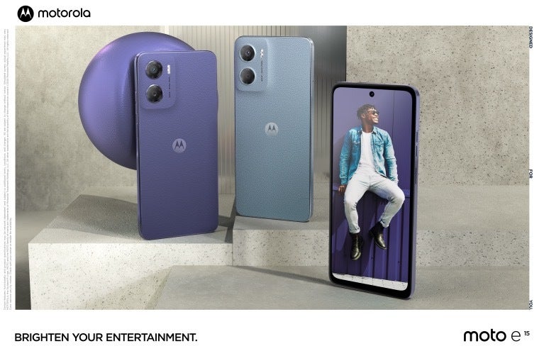 Marketing image of the moto e15&amp;#039;s rear in Fresh Lavender and Misty Blue