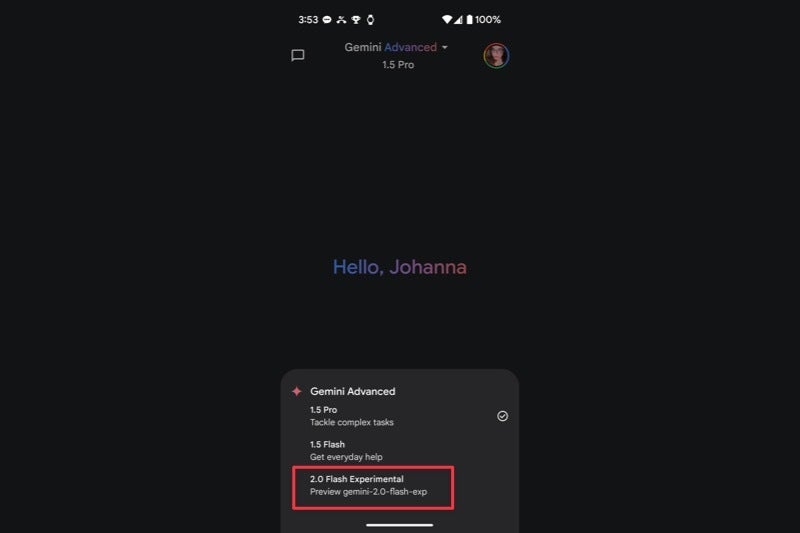 Screenshot of the Gemini application on Android showing model version dropdown with 2.0 Flash Experimental available