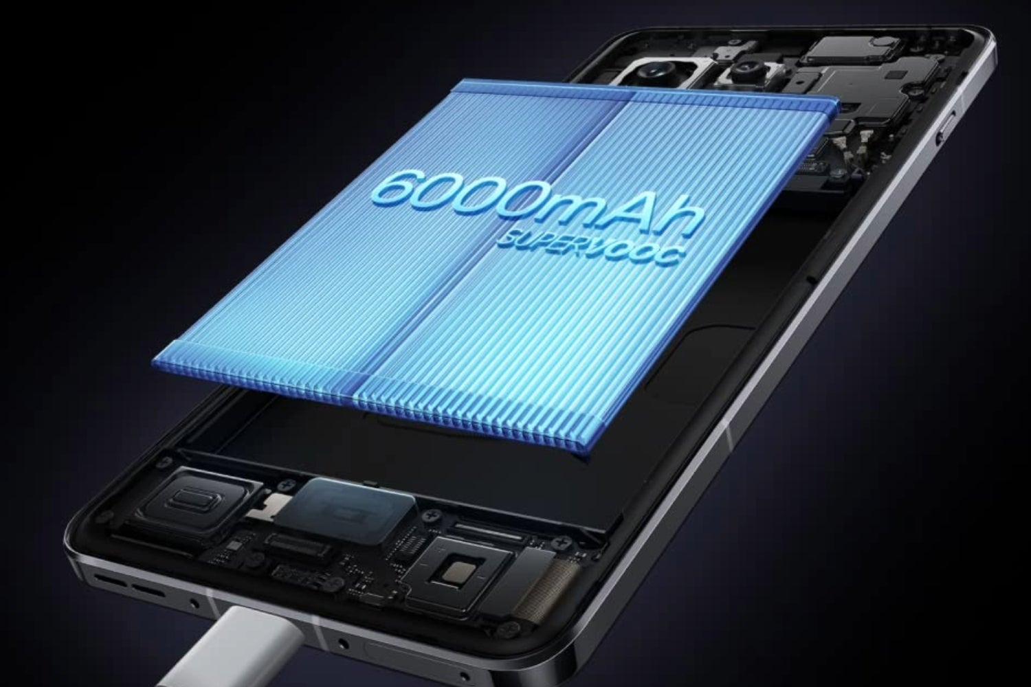 A cutaway image of a smartphone showcasing a large 6000mAh battery.