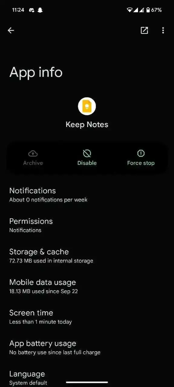 Screenshot showing that Google Keep doesn&amp;#039;t offer the option of uninstalling with Android 16.