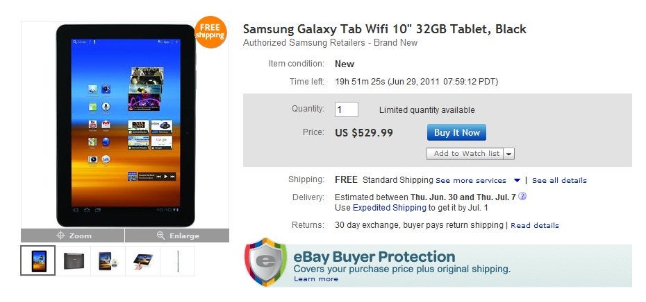 eBay's Daily Deal places the 32GB Samsung Galaxy Tab 10.1 at $529