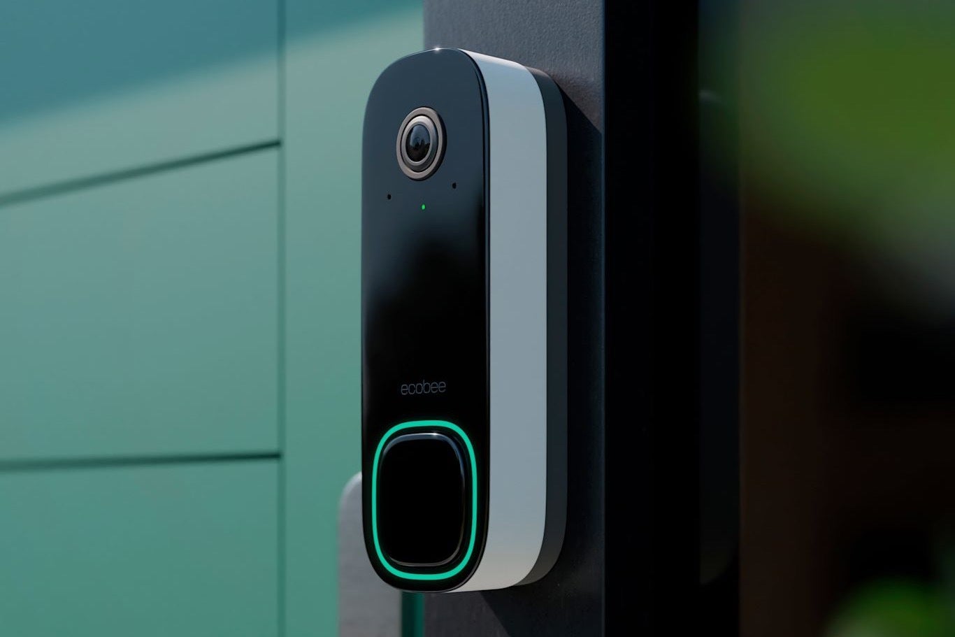 A marketing image of a mounted ecobee smart doorbell camera