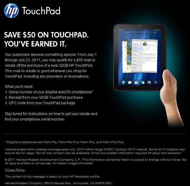 HP is offering a $50 savings off the 32GB TouchPad to early adopters of webOS