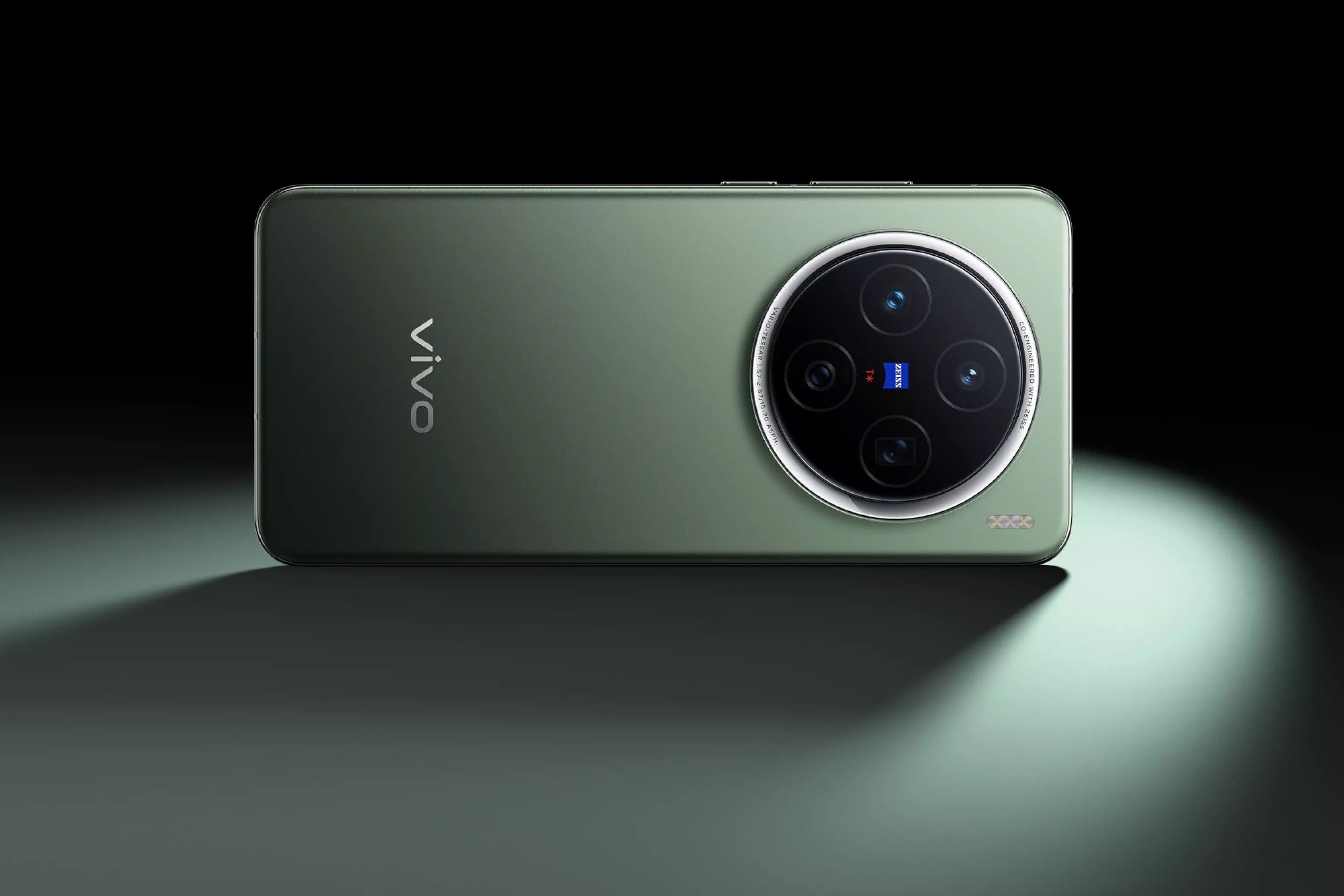 A marketing image of the vivo X200 in green standing on its side