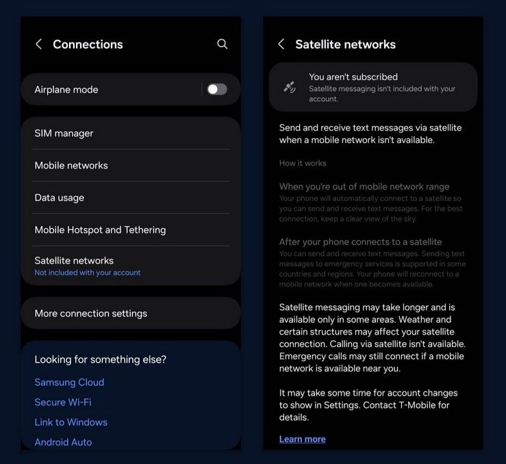 The Satellite networks page that some T-Mobile subscribers are finding on their Samsung Galaxy handsets. | Image credit-DroidLife - Samsung, iPhone users see signs that T-Mobile&#039;s Starlink is getting closer to launching beta