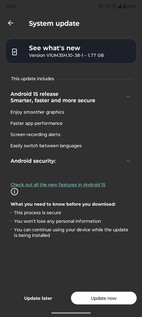 Screenshot of the Android 15 update rolling out to the Motorola Edge 50 Pro