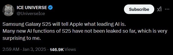 Tweet from leaker Ice Universe says that Samsung will soon be showing Apple what leading AI is all about. | Image credit-@UniverseIce - Samsung is reportedly about to show Apple what AI is really all about