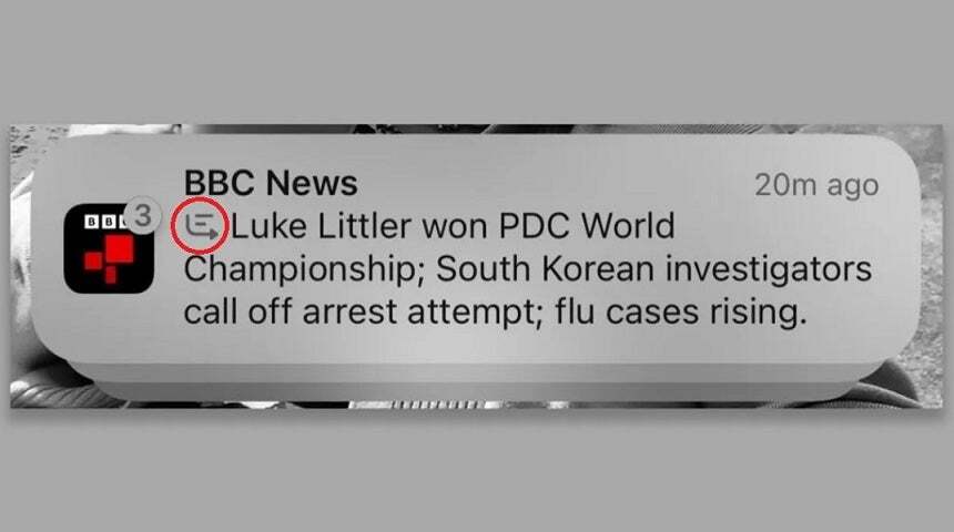 News notification incorrectly summarized by AI. Note icon circled in red is used by Apple to denote that this is news summarized by Apple Intelligence. |-Image credit-PhoneArena - Update coming in two weeks to help iPhone users deal with serious AI issue