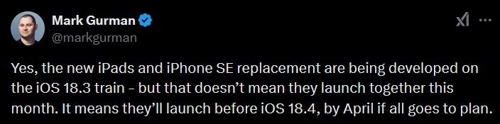 Tweet by Mark Gurman shoots down report calling for iPhone SE 4, iPad 11 to be released this month.